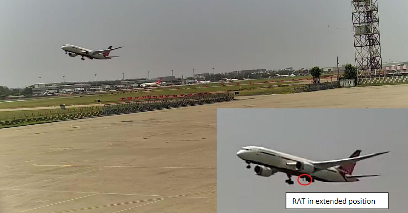 Video surveillance footage from the airport shows the plane’s RAT has deployed right after takeoff