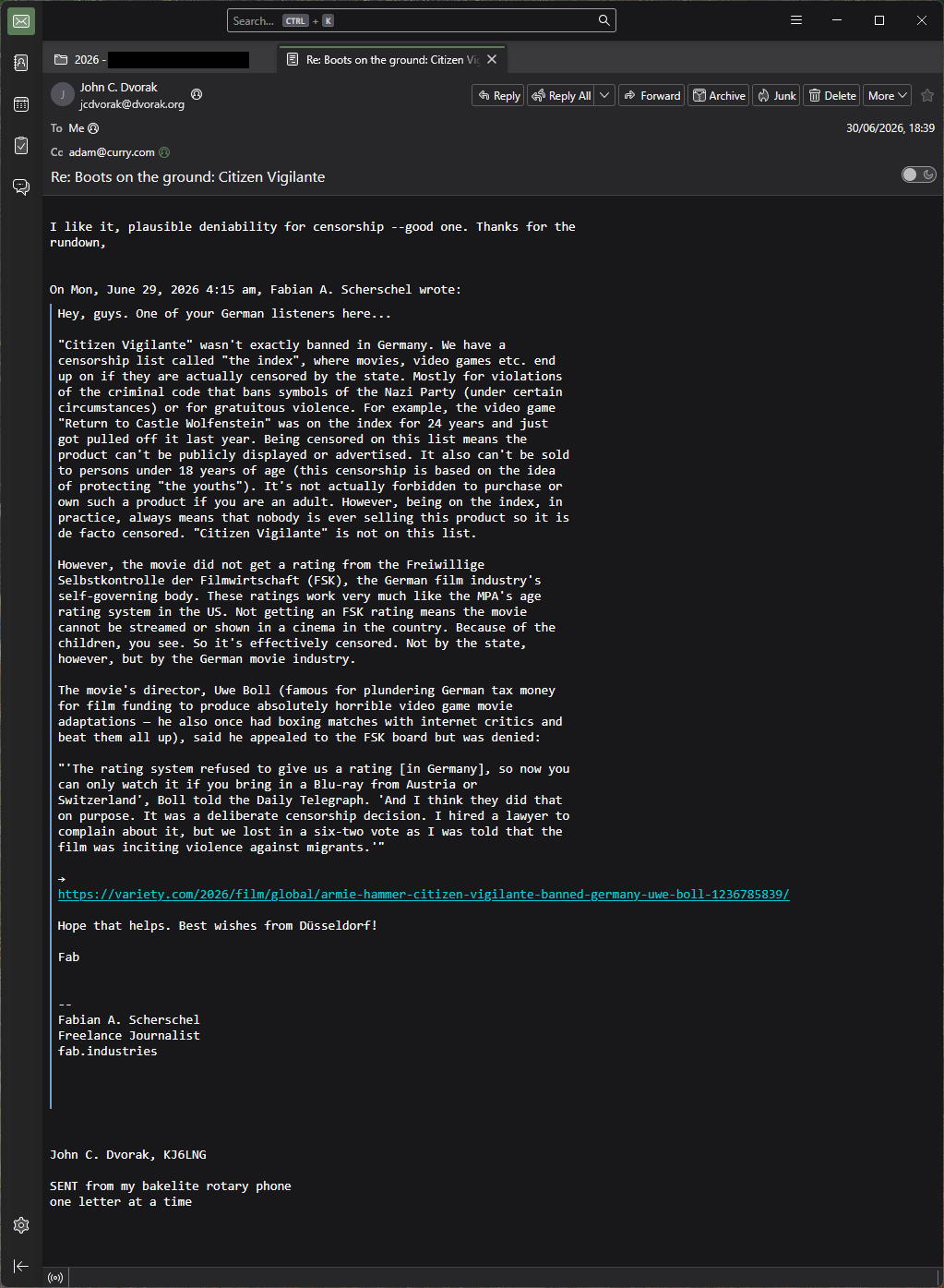 An email from John C. Dvorak